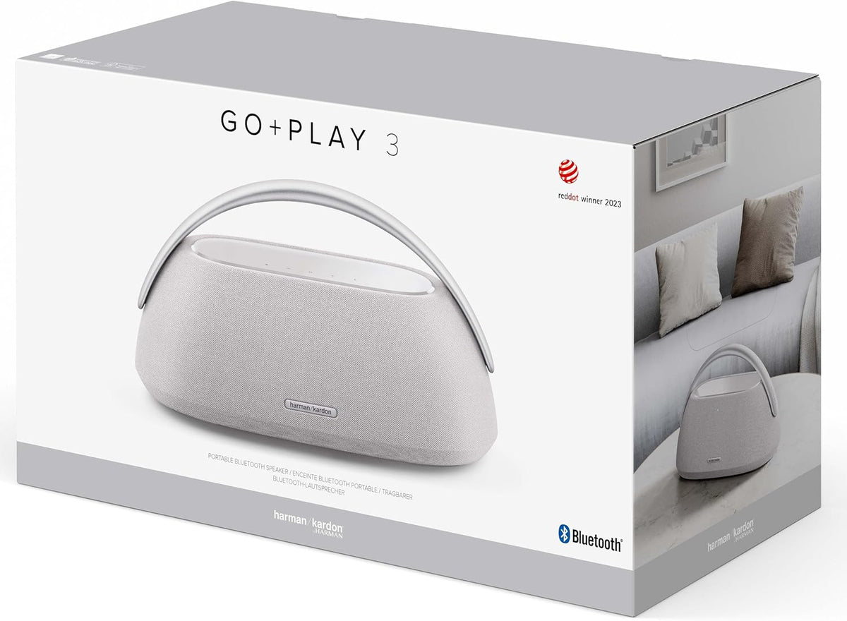 Harman Kardon Go+ Play 3 Bezprzewodowy Głośnik Bluetooth z Mikrofonem, USB, Wbudowanym Akumulatorem, 8h Odtwarzania i Dźwiękiem Stereo, Szary