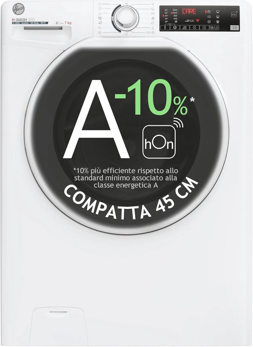 Hoo ver, Pralka Slim H-WASH 350, H3WP4474TAM6/1-S, Pralka ładowana od przodu, 7 KG, klasa A-10%, 1200 obrotów, 77 dB, Para, 16 programów, Opóźniony start, Biały, AxLxP 85x60x45 cm