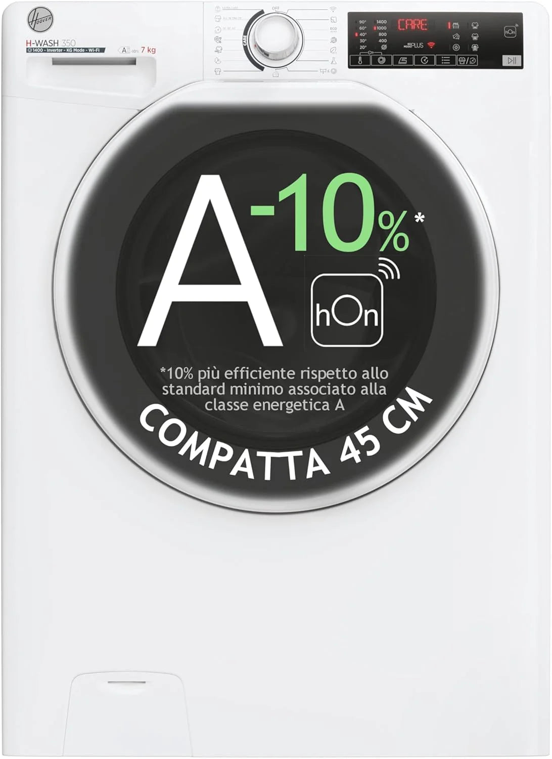 Hoo ver, Pralka Slim H-WASH 350, H3WP4474TAM6/1-S, Pralka ładowana od przodu, 7 KG, klasa A-10%, 1200 obrotów, 77 dB, Para, 16 programów, Opóźniony start, Biały, AxLxP 85x60x45 cm
