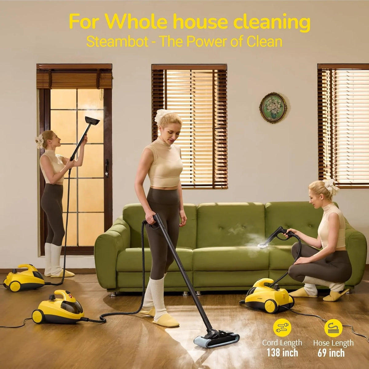 STEAMBOT Mop parowy 37 w 1 do domu i samochodu, zbiornik na wodę 2 l, wąż 1,3 m, głębokie czyszczenie parą do podłóg, płytek, fug, okien, kuchni, salonu, parowar wielopowierzchniowy