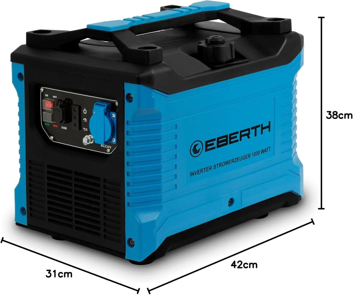 EBERTH Inwerterowy Generator prądu o mocy 1000 W, Generator awaryjny, Silnik benzynowy 2 KM, 4-suwowy, 1x 230 V i 2x USB, technologia inwerterowa zapewniająca zasilanie bez skoków napięcia