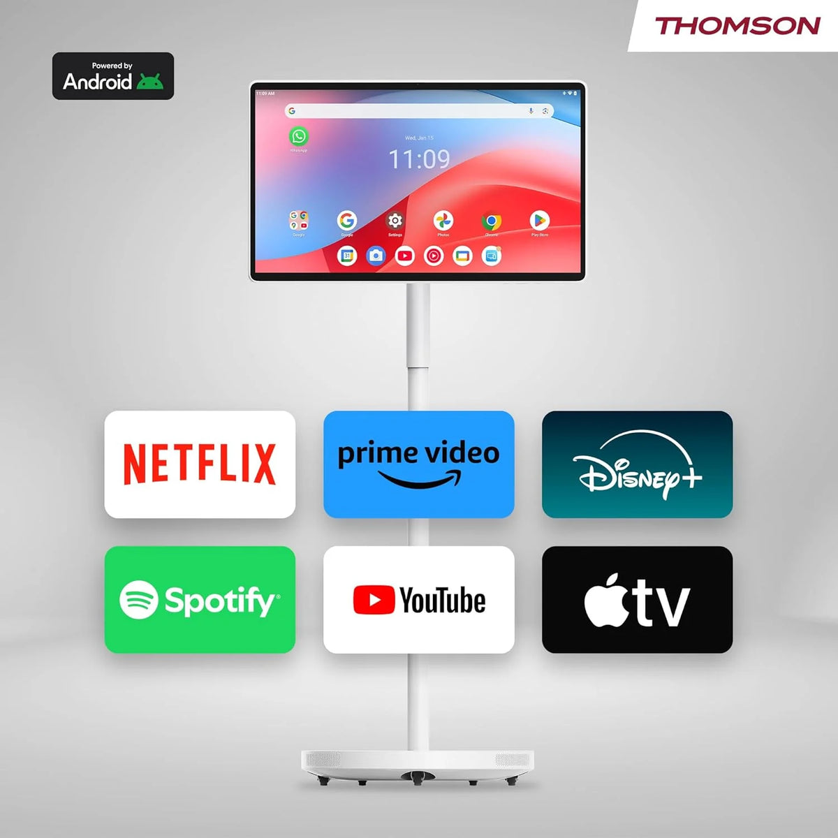 Thomson Go Plus Pro 27-calowy (69 cm) 4K UHD Inteligentny Ekran Dotykowy, Android, Sterowanie Głosowe, Hotspot, Bateria 9000 mAh, Kamera 5MP, Subwoofer, WiFi 6, Bluetooth, Przenośny Stojak