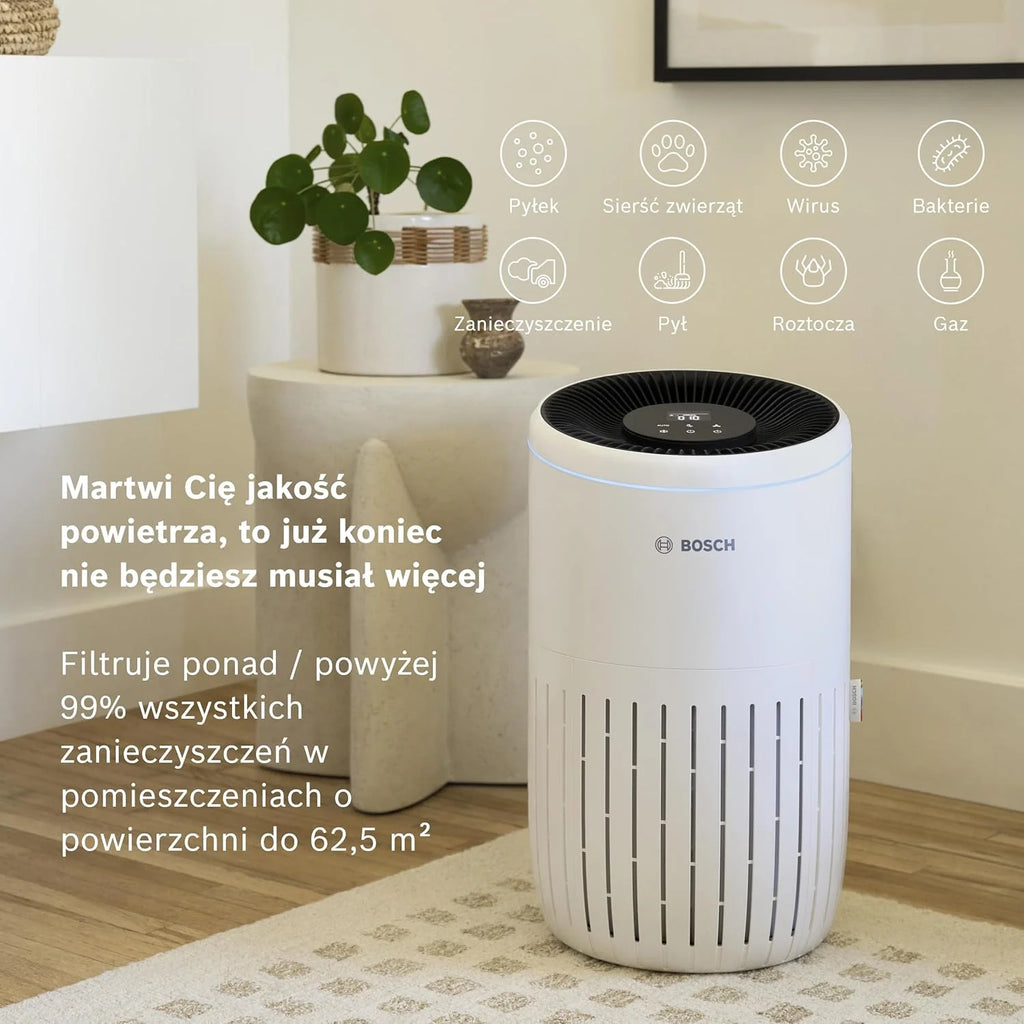Bosch Air 6000 - Oczyszczacz powietrza — do powierzchni do 125 m² — skutecznie filtruje ponad 99% zanieczyszczeń — Tryb automatyczny oraz uśpienia (< 25 dB(A)) — CADR: 600 m³/h