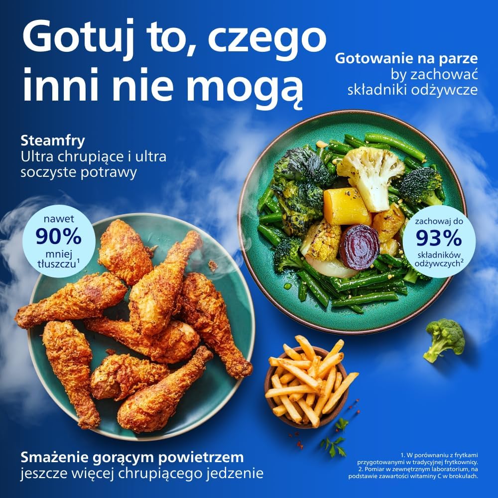 Philips Airfryer Ovi serii 5000 Megabasket z parą - Steamfry, Gotowanie na parze i Airfry, 28 metod gotowania; 9,5 l w Megabasket lub 3 l + 6 l w podwójnym koszu, RapidAir, czyszczenie parą (NA565/00)