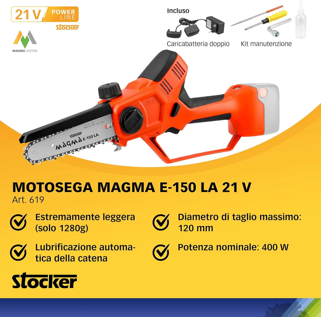 STOCKER - Zestaw do przycinania piły łańcuchowej z teleskopową rączką Magma E-150 LA 21V - akumulator 2,6 Ah i olej smarujący w zestawie - cięcie do 3,5 m - lekka i wydajna