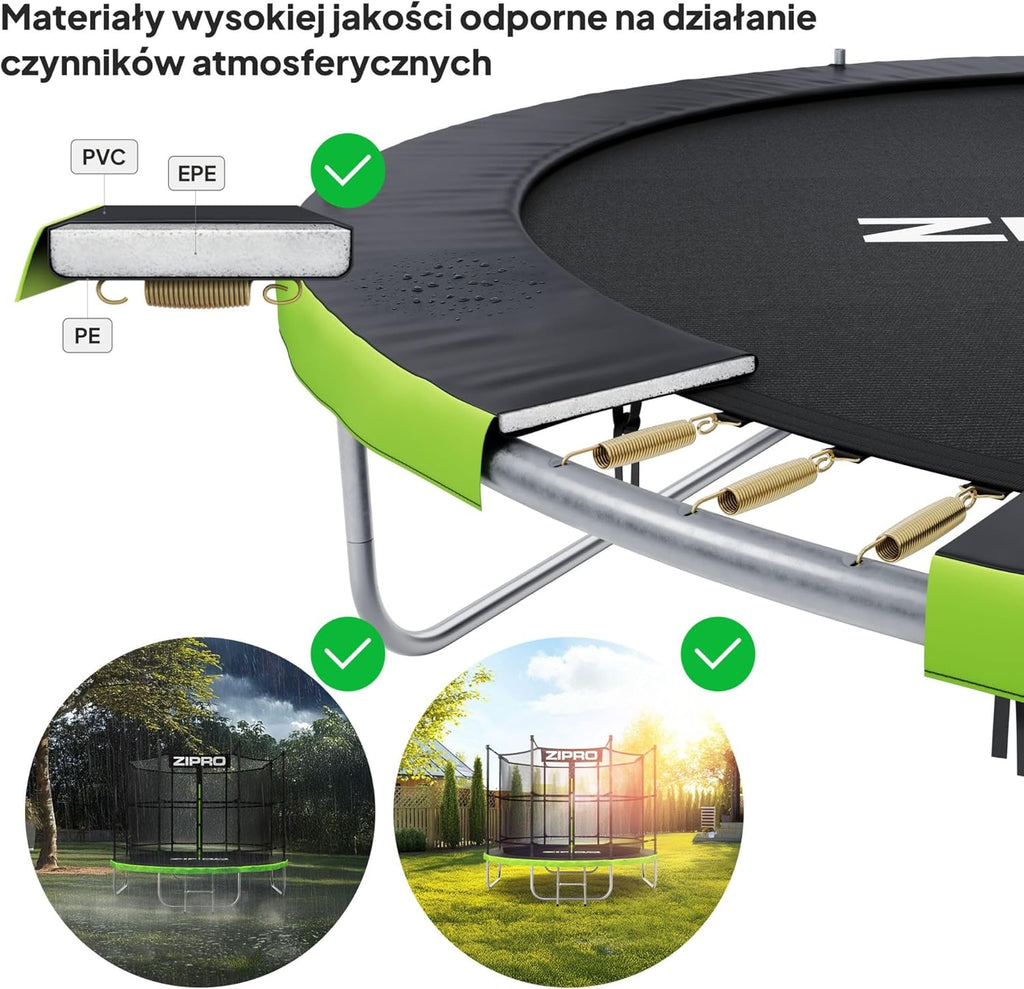 ZIPRO JumpPro IN Trampolina Ogrodowa, Trampolina dla Dzieci, z Siatką Wewnętrzną, Odporna na Warunki, Ochrona UV, Udźwig 100-150 kg, Ø 183/252/312/374/435/496 cm