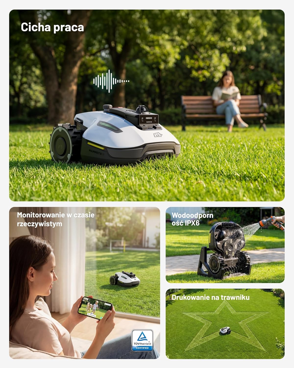 Mammotion YUKA 2000 Kosiarka Automatyczna z zamiatarką, Zalecane 2000 m², maks.2400 m²,i Nachyleniu 45%, UltraSense AI Vision do Auto-Mapowania Wysokość Koszenia 20-90mm Szerokość Koszenia 320mm