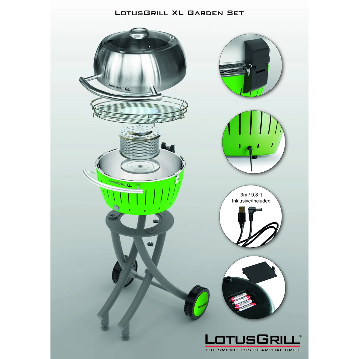 LotusGrill Zestaw grilla ogrodowego XL, kolor limonkowy – grill na kółkach z pokrywą XL ze stali nierdzewnej (ciemnoniebieski)