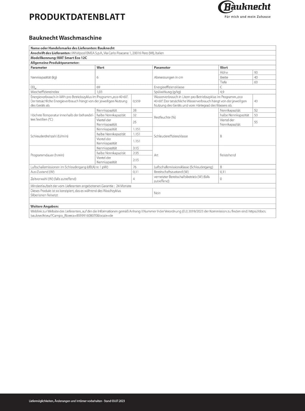 Bauknecht WAT Smart Eco 12C pralka ładowana od góry/6 kg/1200 obr./min., krótki 30'/FreshFinish/intensywne płukanie, ochrona przed wodą wielokrotnego użytku, oszczędność energii, program wełny, wybór