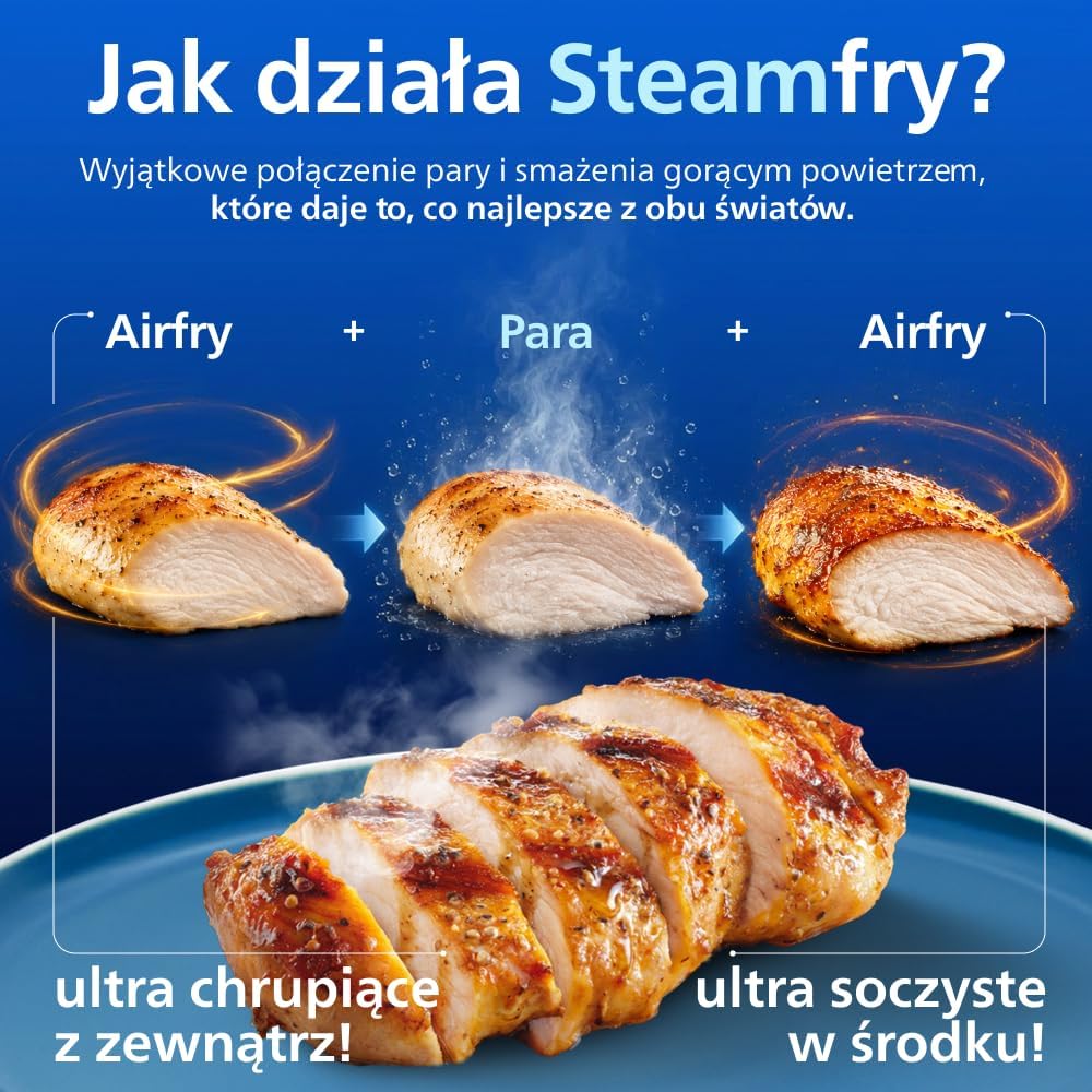 Philips Airfryer Ovi serii 5000 Megabasket z parą - Steamfry, Gotowanie na parze i Airfry, 28 metod gotowania; 9,5 l w Megabasket lub 3 l + 6 l w podwójnym koszu, RapidAir, czyszczenie parą (NA565/00)