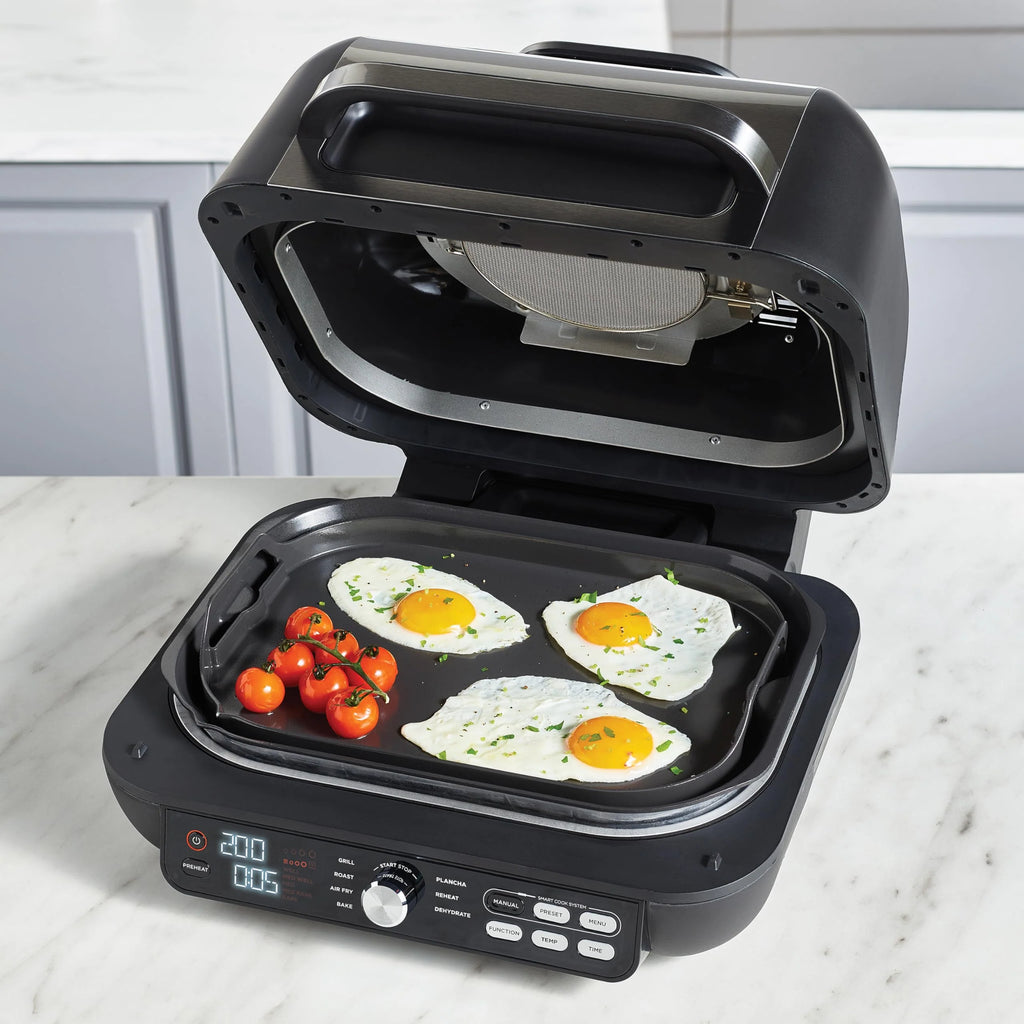 Ninja Foodi MAX PRO Grill, płaska płyta i frytkownica beztluszczowa z cyfrową sondą kuchenną i termometrem, 3,8 l, 7 funkcji gotowania w 1, części można myć w zmywarce, srebrno/czarny, AG651EU