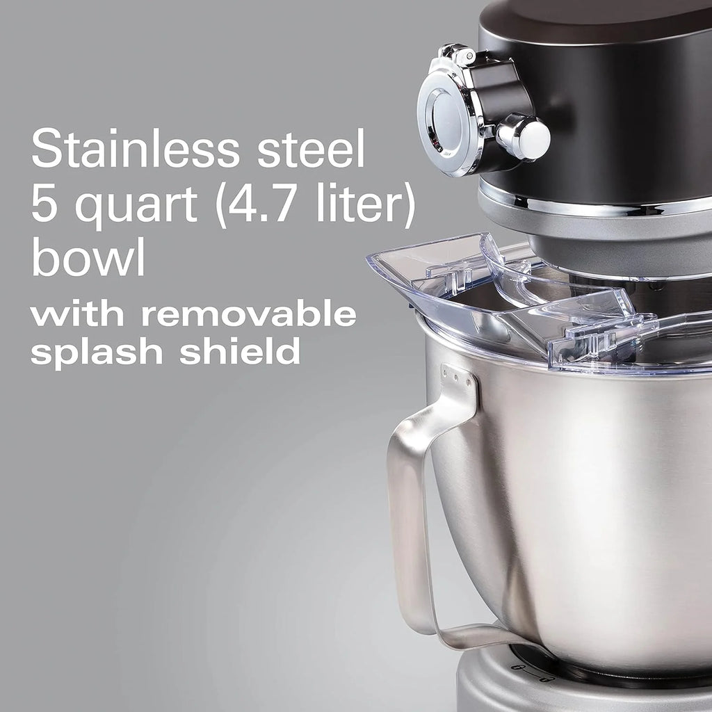 Hamilton Beach Professional Metalowy blender stojący ze specjalnym pojemnikiem mocującym, miska o pojemności 5 litrów, 12 prędkości, w zestawie płaska trzepaczka, hak do ciasta, trzepaczka (63240)