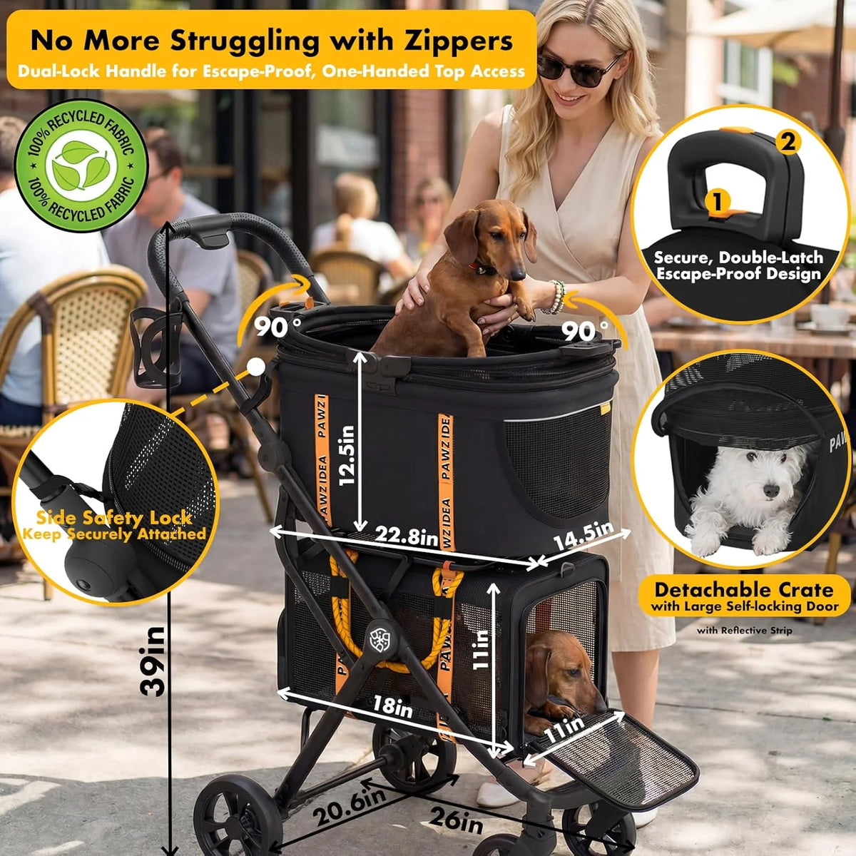 PAWZIDEA Podwójny wózek dla zwierząt domowych, dla 2 kotów, psów, małych i średnich, zatwierdzony przez TSA, transporter dla kota, rozszerzalny, ze zdejmowaną torbą do przenoszenia, 2 x zdejmowany