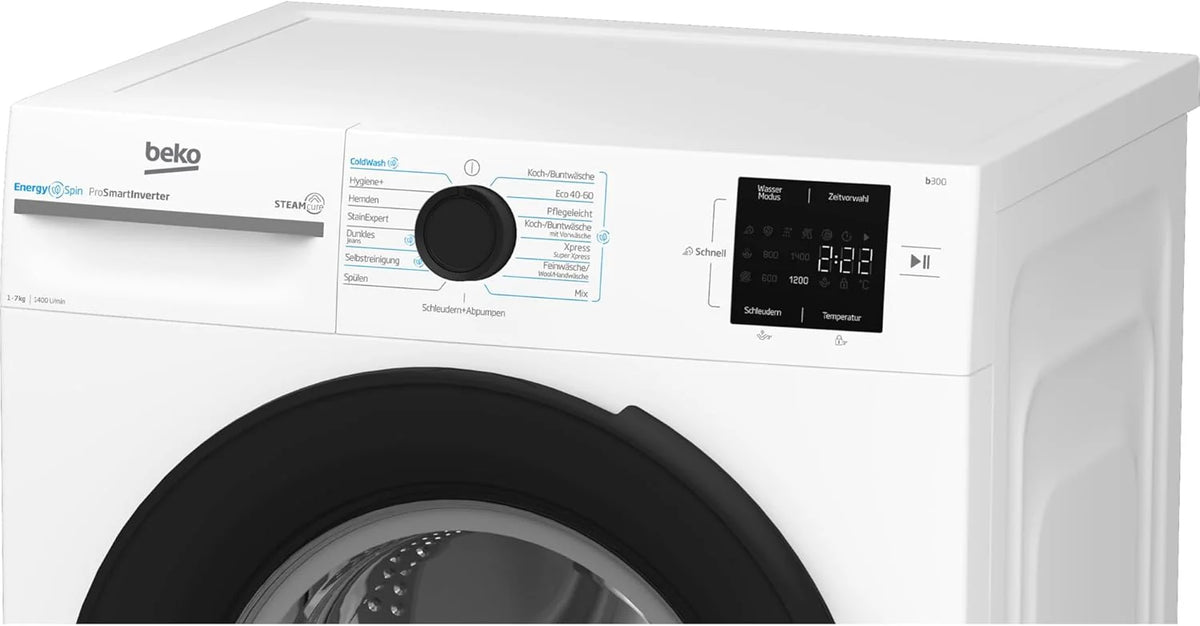 Beko BM3WFU3741X pralka wolnostojąca, 7 kg, EnergySpin, wybór wirowania 1400 obr./min, funkcja pary, higiena + nadaje się dla alergików, oszczędność wody i czasu, kolor biały