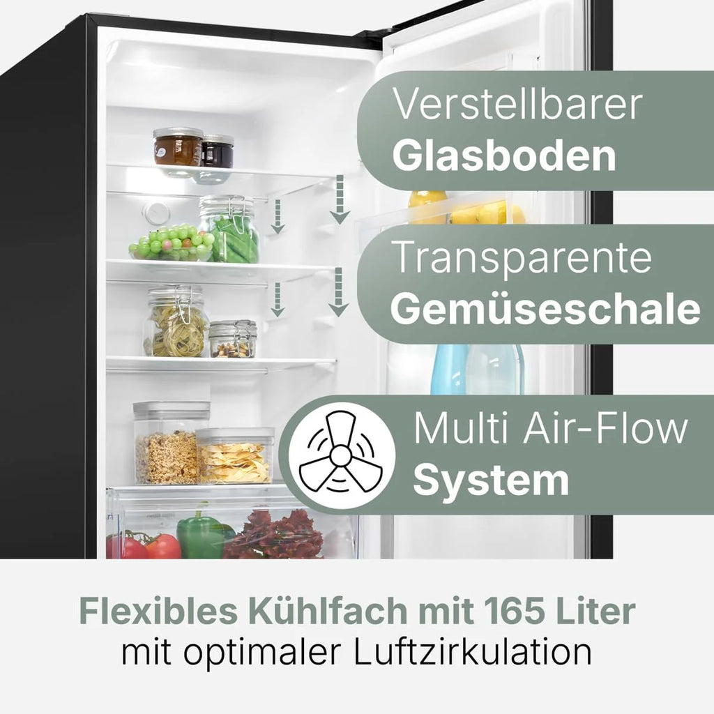 Lodówka i zamrażarka Bomann 247L KG7360-Czarna, System MultiAirflow, Całkowicie bezszronowa, 4 szklane półki, Oświetlenie LED, Klasa energetyczna A+, Czarna