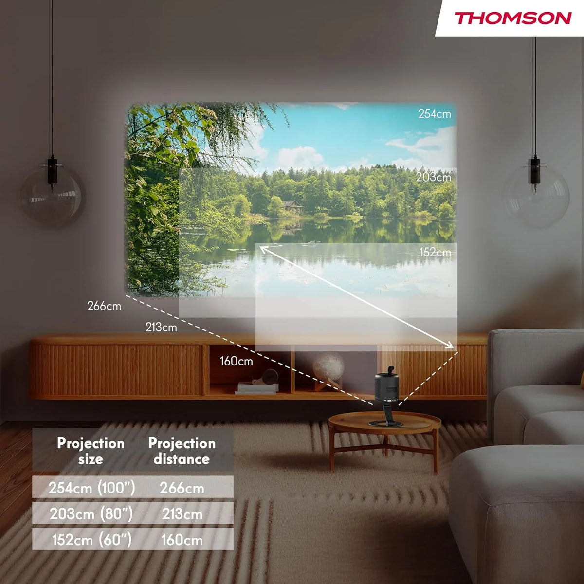 Thomson Sirius PG55B Inteligentny Projektor Laserowy RGB, Bardzo Krótki Rzut, Full HD 1080p, Google TV, 600 ANSI, Autofocus, HDR10+, Dolby Digital+, Bateria, WiFi, Bluetooth