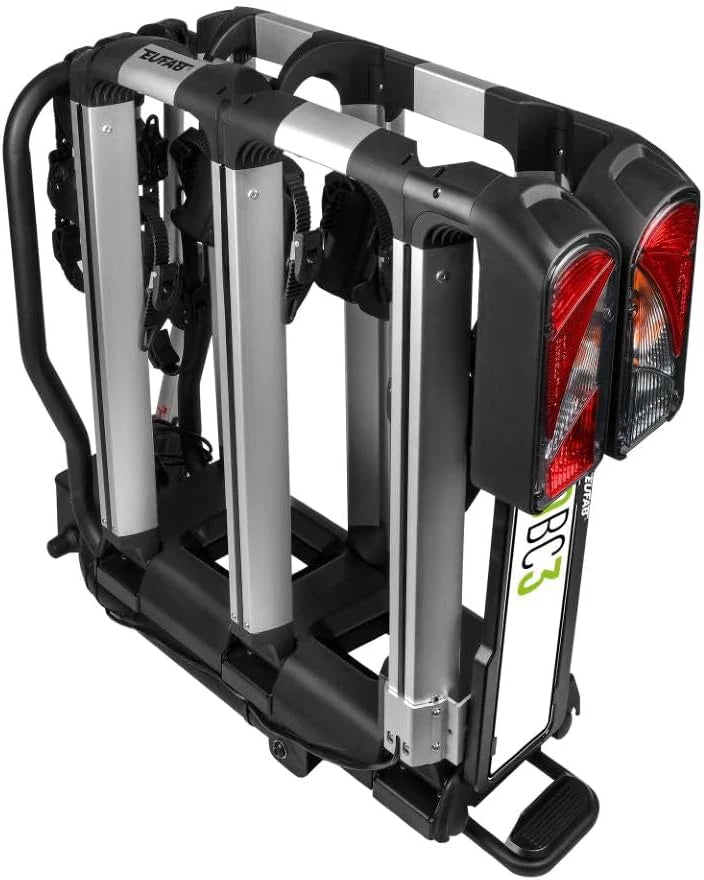 EUFAB 11602 ProBC3 bagażnik rowerowy na 3 rowery/rowery elektryczne, obciążenie użytkowe 60 kg, wstępnie zmontowany, składany za pomocą pedału nożnego, możliwość rozszerzenia na 4, szyny aluminiowe
