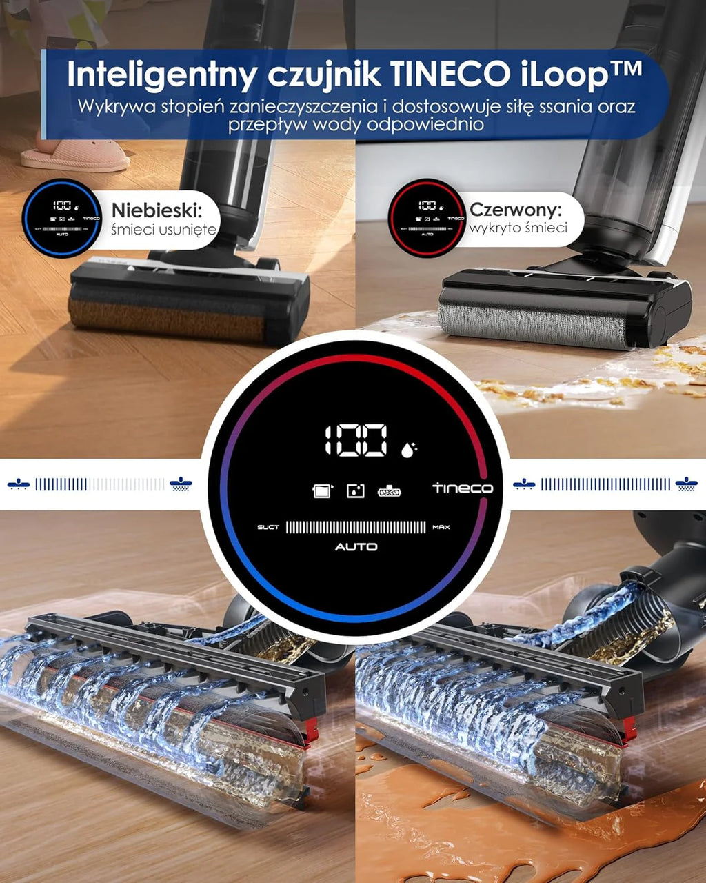 Tineco FLOOR ONE S5 Inteligentny bezprzewodowy odkurzacz na mokro i na sucho i mop do twardych podłóg, cyfrowy wyświetlacz, długi czas pracy, doskonały do lepkiego bałaganu i sierści zwierząt