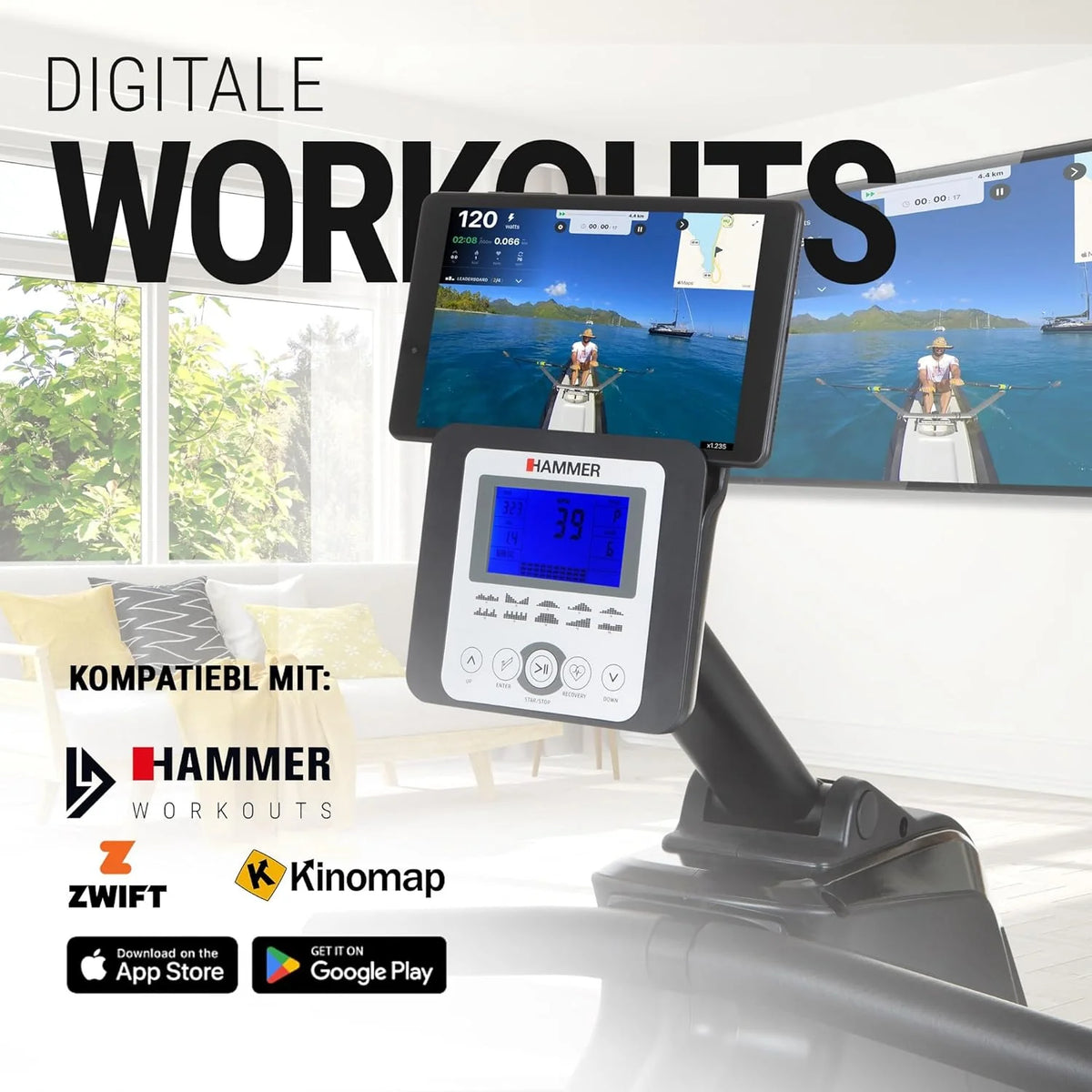 HAMMER Wioślarz Cobra XTR Plus II do domu – wioślarz z innowacyjnym komputerem treningowym, uchwytem na smartfon/tablet, do 130 kg wagi użytkownika, 232 x 55 x 75 cm, kolor czarny, 4532