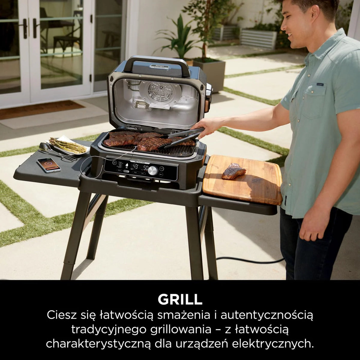 Ninja Woodfire Pro Connect XL Grill elektryczny, wędzarnia i frytkownica 7 w 1, sterowany za pomocą aplikacji, termometr cyfrowy z sondą, opalany pelletem drzewnym, wodoodporny, czarny, OG901EU