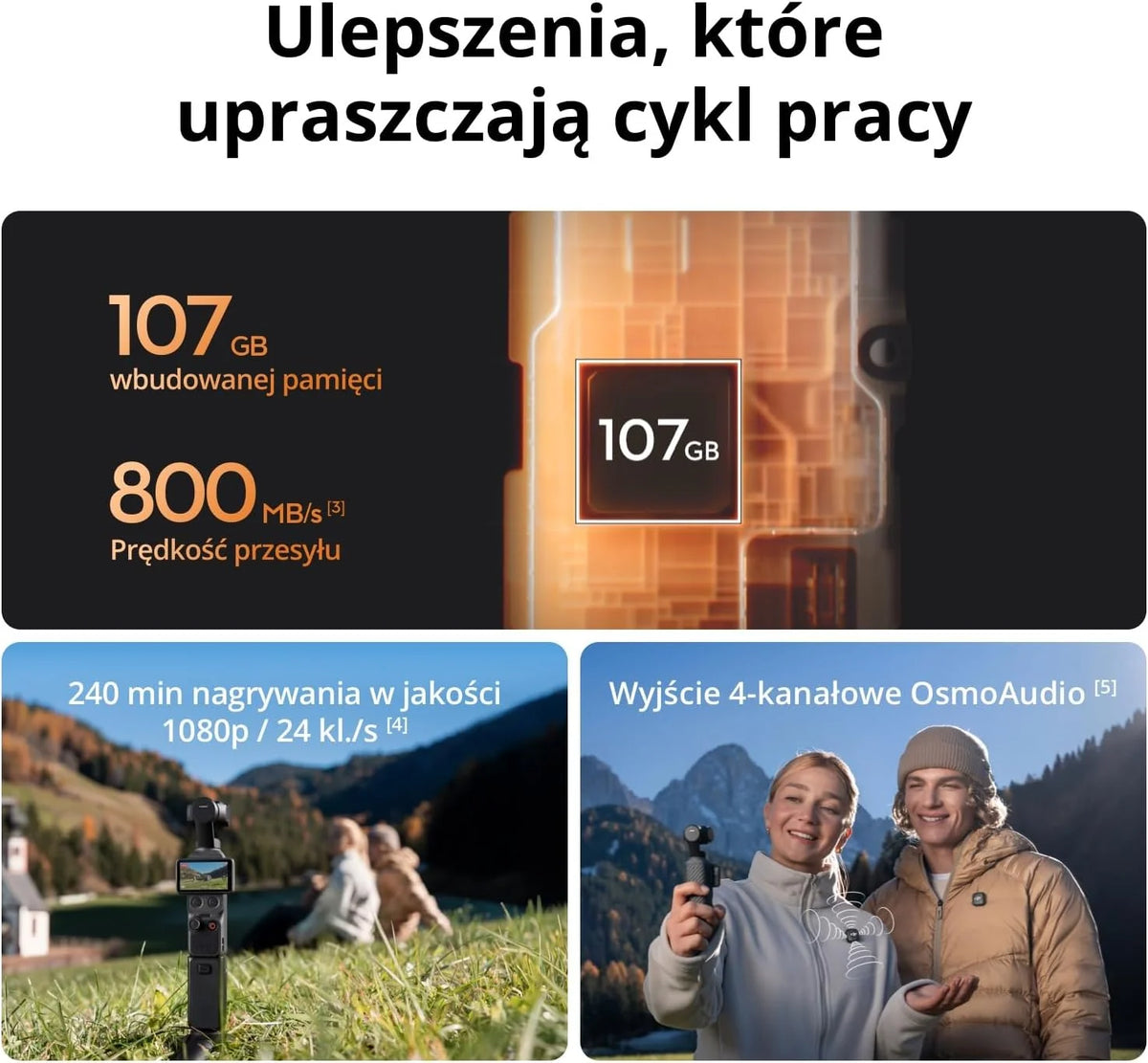 DJI Osmo Pocket 4 Creator Combo, kieszonkowa kamera Vlog, 1″ CMOS i 4K/240 kl./s, stabilizacja 3-osiowa, 2 x bezstratny zoom, wbudowana pamięć masowa 107 GB, nadajnik Mic 3, światło wypełniające