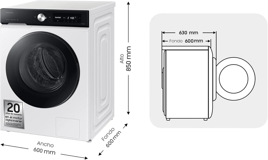 Samsung WW90DB7U94GEU3 - Pralka AI EcoBubble, 9 kg, A-20% z Super Speed 39, Samodawka, Para, Kolor Biały