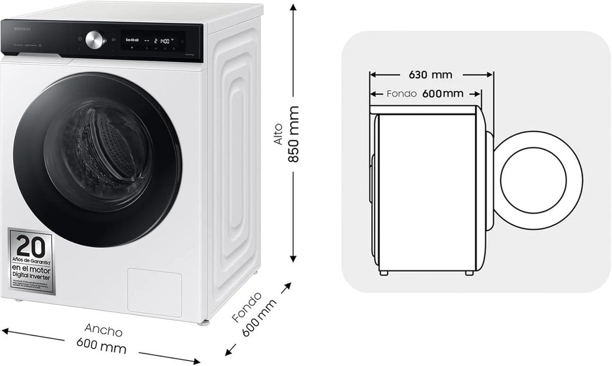Samsung WW90DB7U94GEU3 - Pralka AI EcoBubble, 9 kg, A-20% z Super Speed 39, Samodawka, Para, Kolor Biały