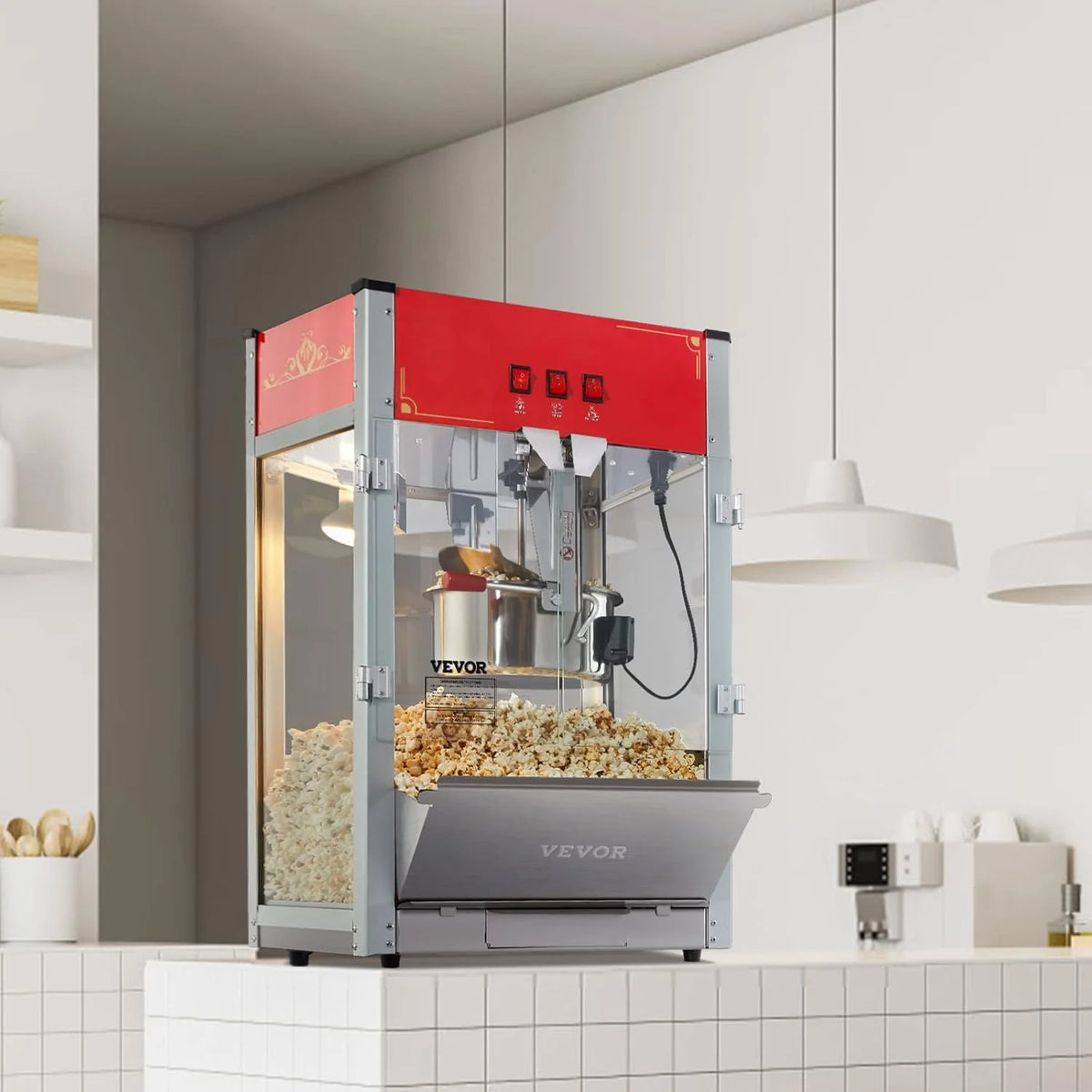 VEVOR Maszyna do popcornu – maszyna do popcornu 1440 W, z kociołkiem o pojemności 12 oz, na maks. 80 filiżanek na ładowanie, z hartowanego szkła i 3 łopatkami ze stali nierdzewnej