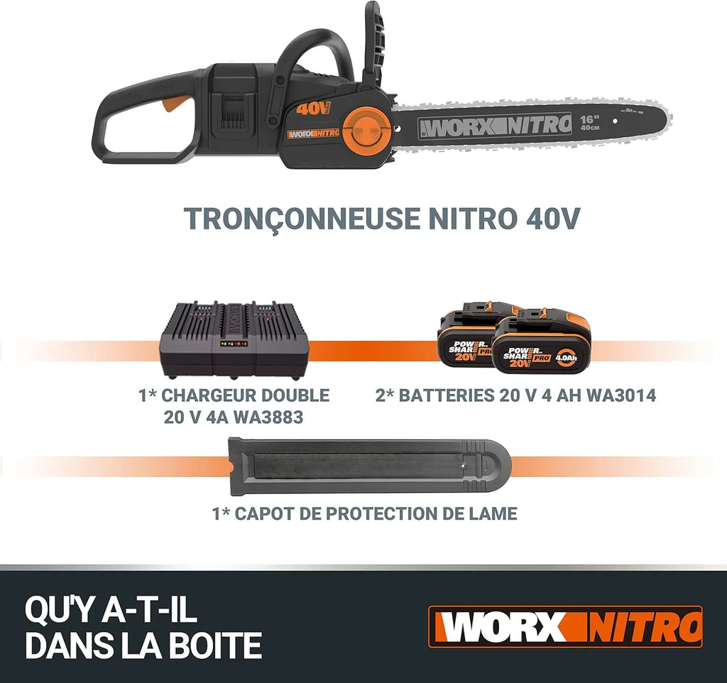 WORX WG385E Nitro Akumulatorowa Pilarka Łańcuchowa 40V(2 x 20V), Silnik Bezszczotkowy, Automatyczne Napinanie i Smarowanie Łańcucha, Długość Cięcia 40 cm, Prędkość Cięcia 18m/s