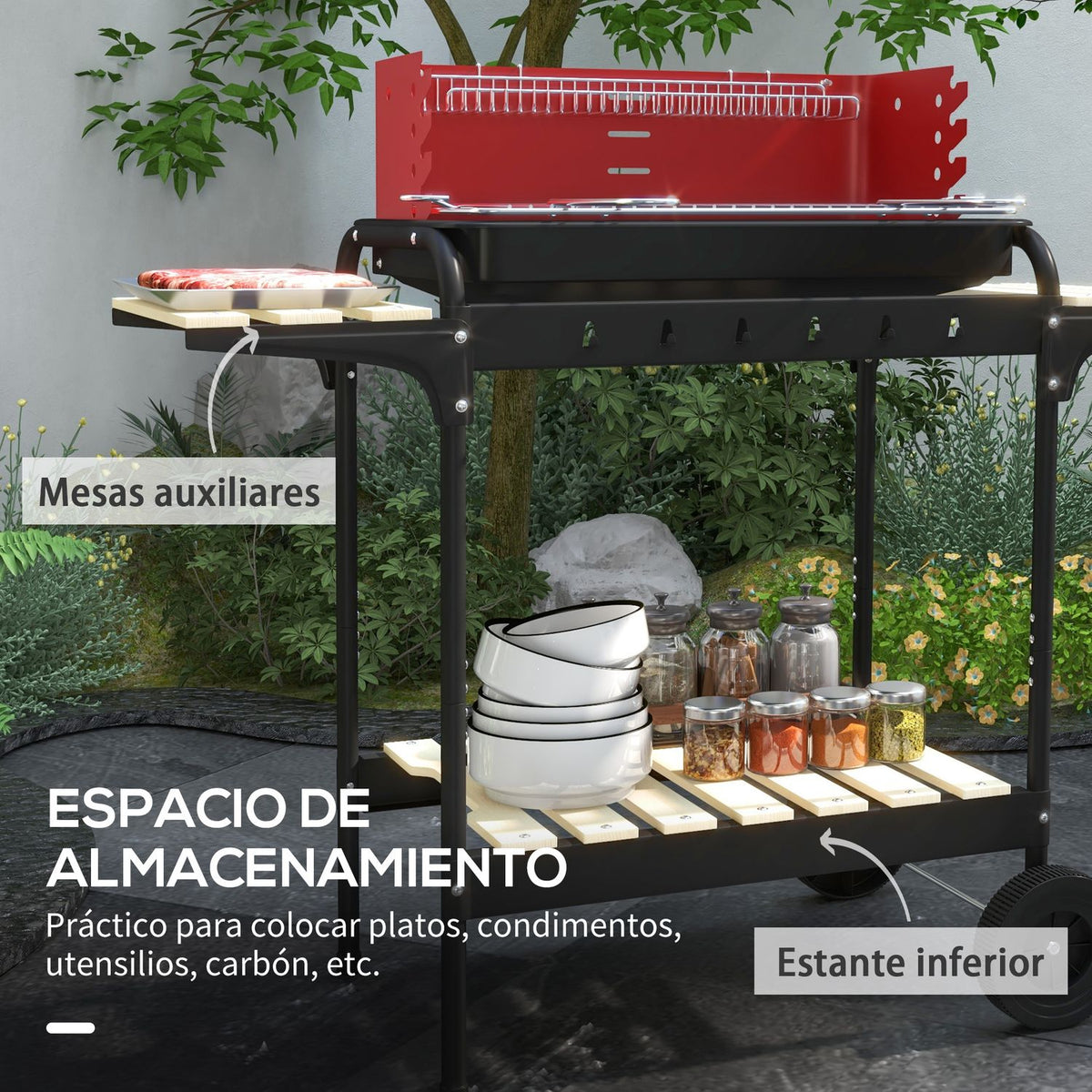 Grill węglowy Outsunny, metalowy, sosnowy, 103x47x95 cm, czerwony i czarny