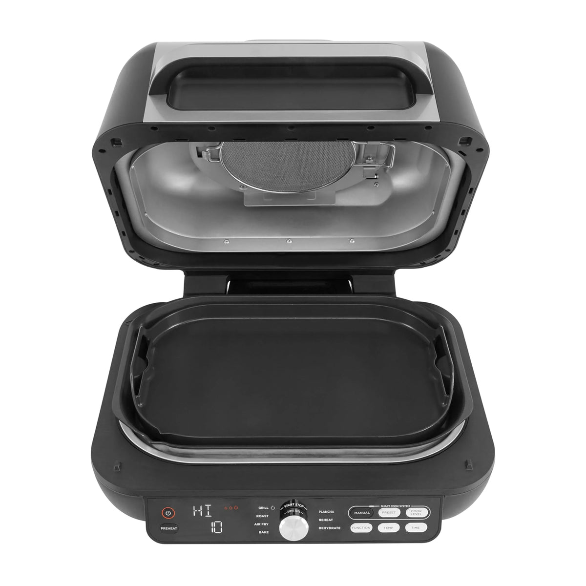 Ninja Foodi MAX PRO Grill, płaska płyta i frytkownica beztluszczowa z cyfrową sondą kuchenną i termometrem, 3,8 l, 7 funkcji gotowania w 1, części można myć w zmywarce, srebrno/czarny, AG651EU