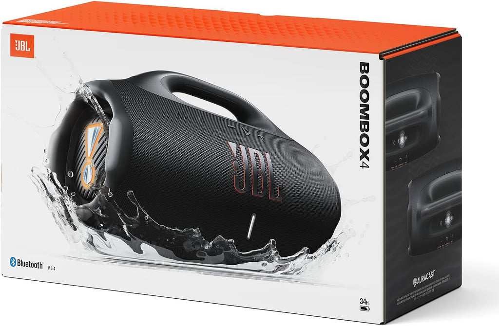 JBL Boombox 4 – przenośny głośnik Bluetooth z dźwiękiem JBL Pro Sound i AI Sound Boost, wodoodporny, pyłoszczelny (IP68), do 34 h odtwarzania, Auracast, 2 tryby wzmocnienia basu, czarny