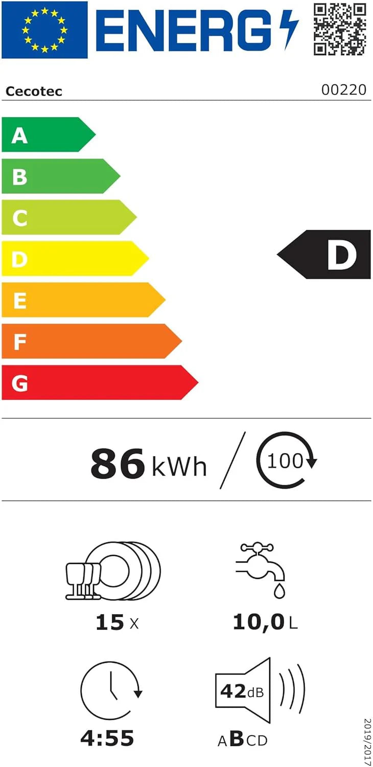 Cecotec Zmywarka do zabudowy Bolero Aguazero 6210 Inox D. 60 cm, 15 koców, klasa D, Display Color, trzecia taca, 14 programów, podwójna strefa, elektroniczny Aquastop, regulowana taca, AutoClean