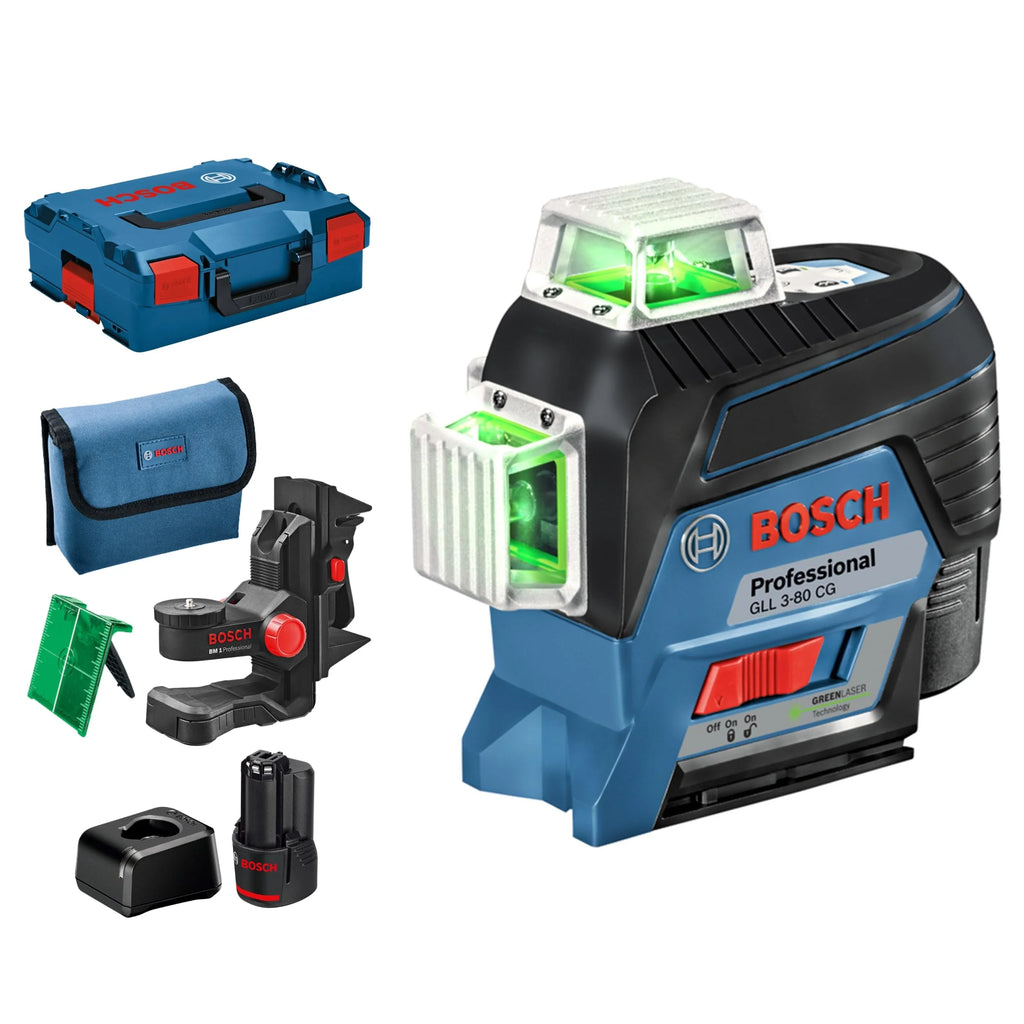 Bosch Professional system 12V: laser liniowy GLL 3-80 CG (2 akumulatory GBA 12V 2.0Ah, ładowarka, zielona wiązka, uchwyt, zasięg pracy: do 30 m, walizka L-BOXX) – Amazon Exclusive Set