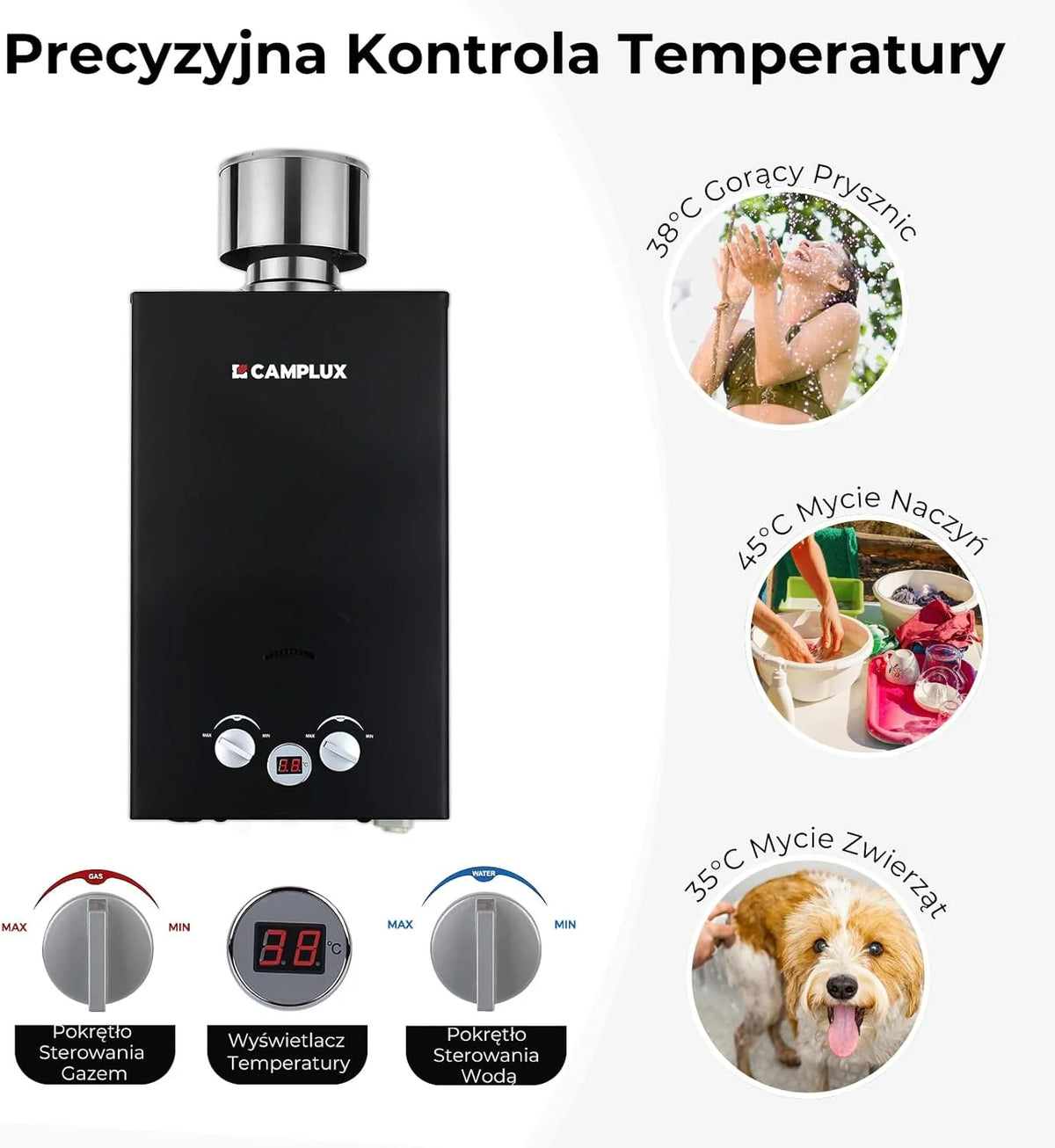 CAMPLUX 10 litrów gazowy podgrzewacz wody z pompą wodną BW264BCP120-DE, bezzbiornikowy zewnętrzny prysznic gazowy do mycia koni/kemping/podróży RV, 50mbar, LPG