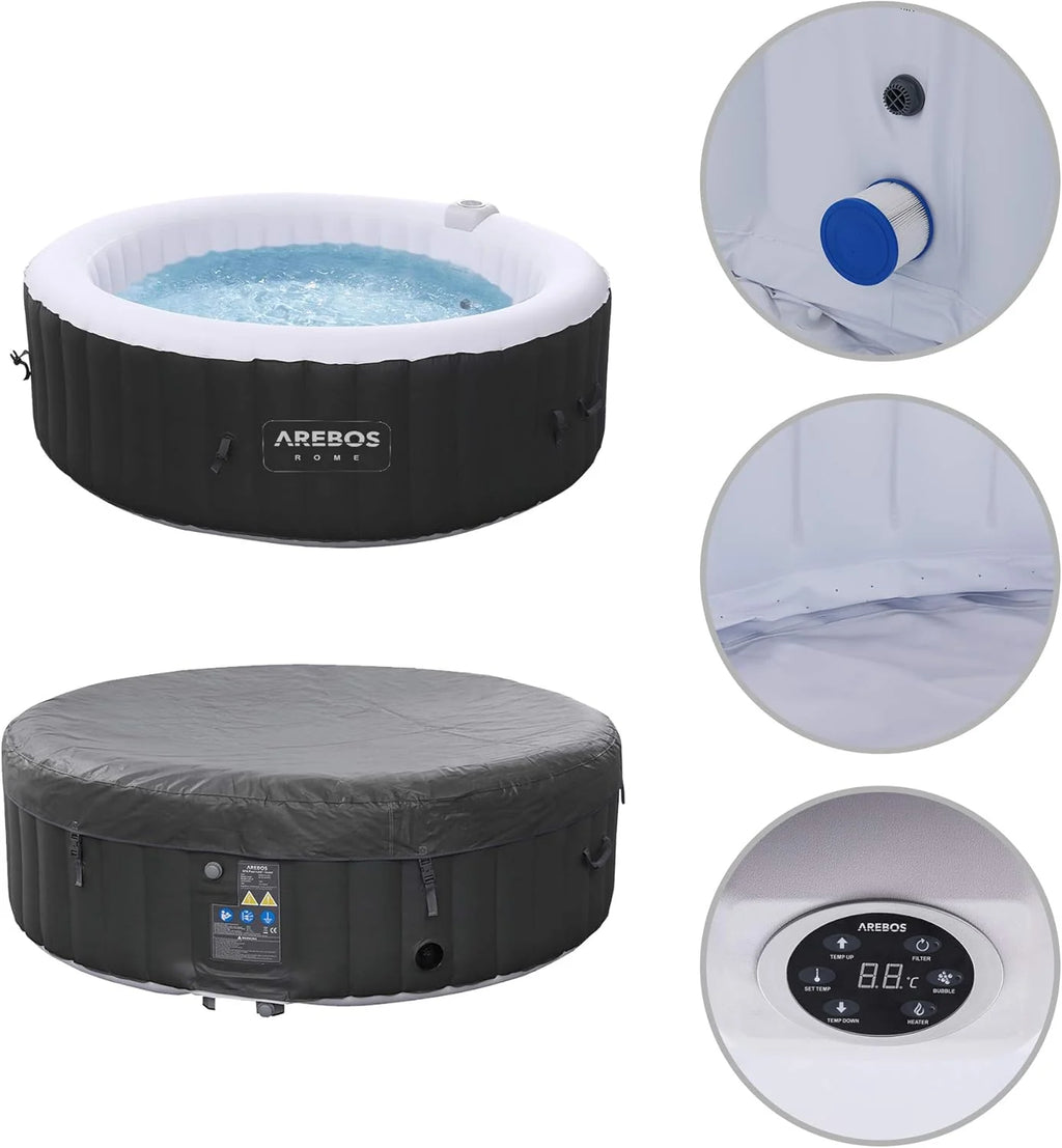 Arebos Nadmuchiwane Spa | do wnętrz i na zewnątrz | 6 osób | 208 cm | Okrągły | 130 dysz masujących | 1000 litrów | z ogrzewaniem | Spa i dobre samopoczucie