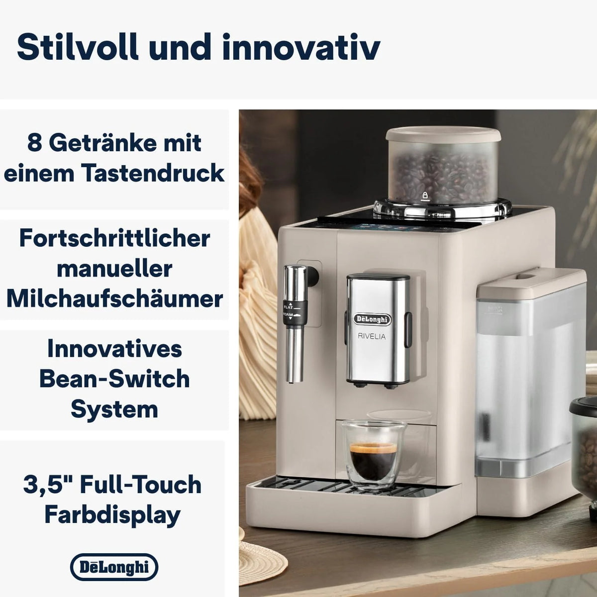 De'Longhi Rivelia EXAM440.35.BG, Superautomatyczny ekspres do kawy z ręcznym spieniaczem do mleka, kompaktowy rozmiar, 8 przepisów, kolorowy ekran dotykowy, beżowy piasek