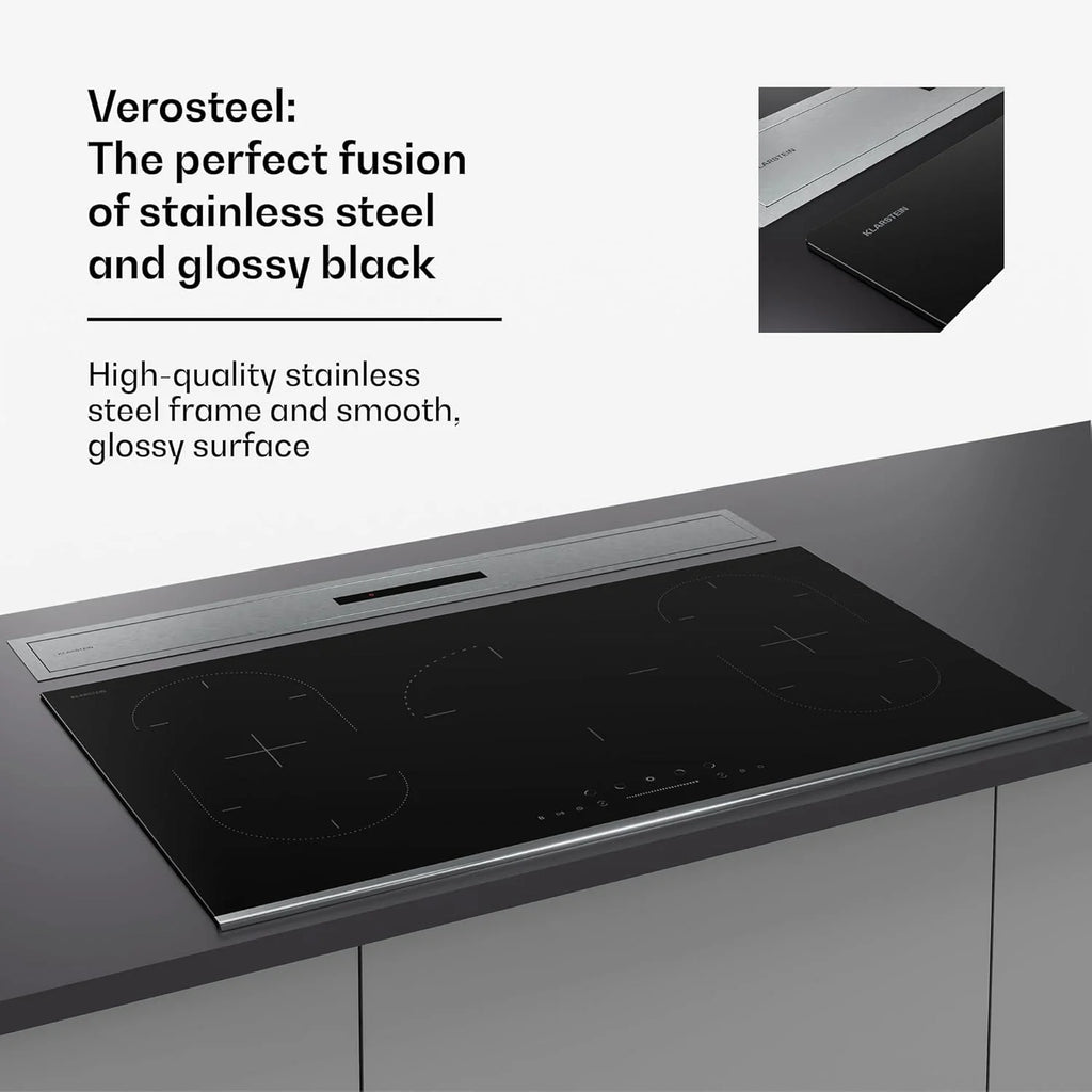 Klarstein Verosteel Downdraft okap kuchenny 90 cm – klasa energetyczna A++, zwiększenie wydajności 906,2 m³/h, obsługa dotykowa, LED, aluminium i szkło, filtr do zmywarki, cichy okap kuchenny