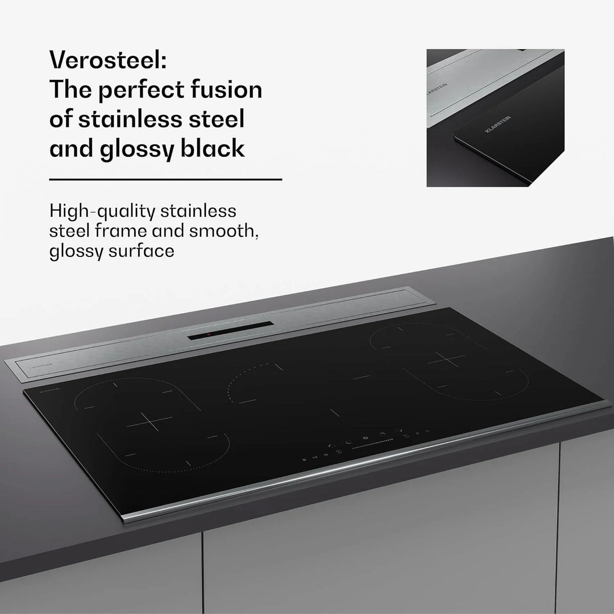 Klarstein Verosteel Downdraft okap kuchenny 90 cm – klasa energetyczna A++, zwiększenie wydajności 906,2 m³/h, obsługa dotykowa, LED, aluminium i szkło, filtr do zmywarki, cichy okap kuchenny