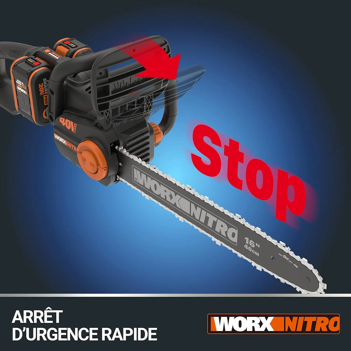 WORX WG385E Nitro Akumulatorowa Pilarka Łańcuchowa 40V(2 x 20V), Silnik Bezszczotkowy, Automatyczne Napinanie i Smarowanie Łańcucha, Długość Cięcia 40 cm, Prędkość Cięcia 18m/s