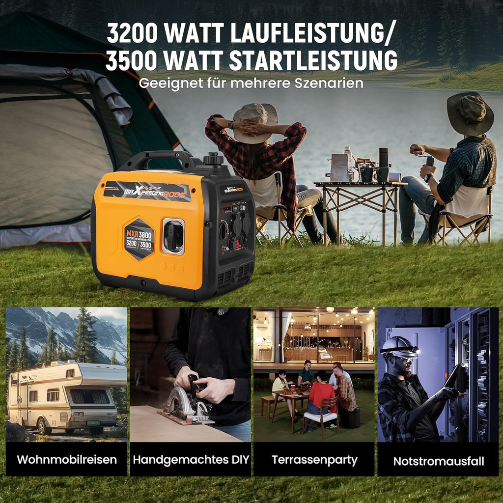 maXpeedingrods Inwerterowy generator prądu 3500 W, lekki i mobilny agregat prądotwórczy na benzynę, tryb ECO z 2 x 230 V / 2 x USB / 1 x 12 V DC gniazda wtykowe na kemping, festiwale, podróże