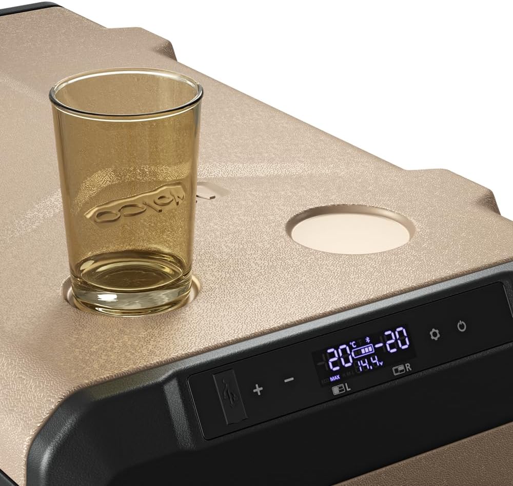 Yolco TCX50 piaskowa lodówka podróżna z kompresorem, 50 l + akumulator – Dual Zone, -20°C, 12/24 V i 230 V, aplikacja Bluetooth, lodówka i zamrażarka z rolkami, na kemping i w podróży