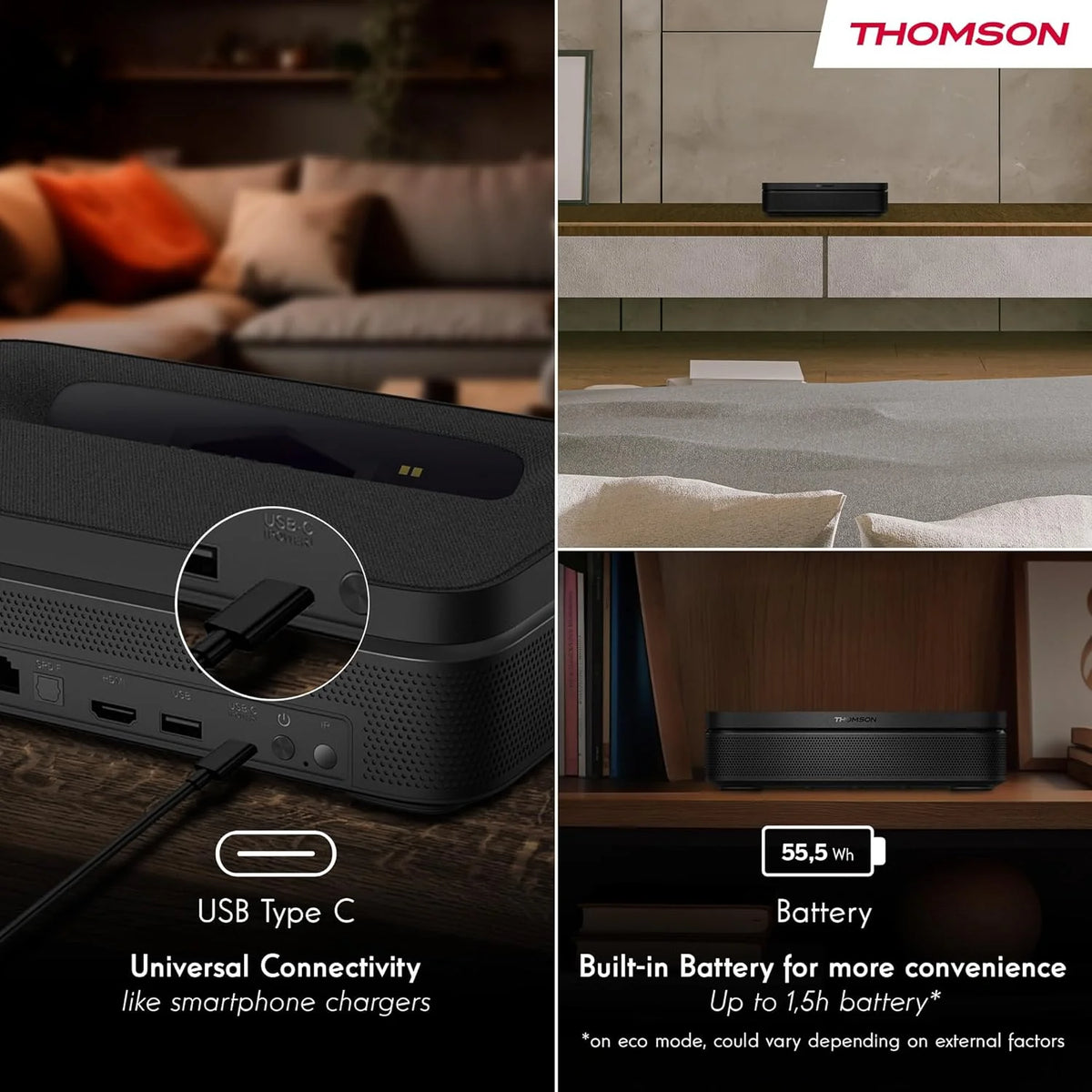 Thomson Sirius PG55B Inteligentny Projektor Laserowy RGB, Bardzo Krótki Rzut, Full HD 1080p, Google TV, 600 ANSI, Autofocus, HDR10+, Dolby Digital+, Bateria, WiFi, Bluetooth