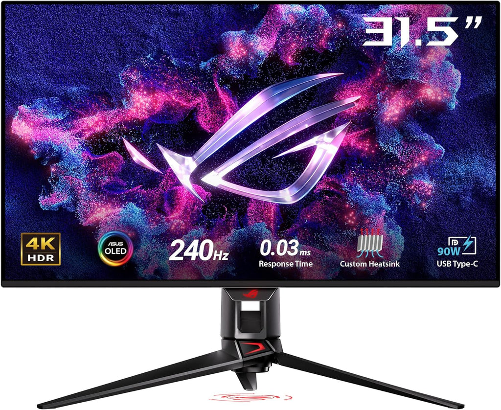 ASUS ROG Swift OLED PG32UCDMZ – 32-calowy monitor gamingowy 4K UHD, 240 Hz, 0,03 ms GtG, G-Sync, FreeSync, AdaptiveSync, 10-bit, DisplayHDR 400 TB, QD – 16:9, 3840 x 2160, DP 1.4 DSC, HDMI 2.1, 90