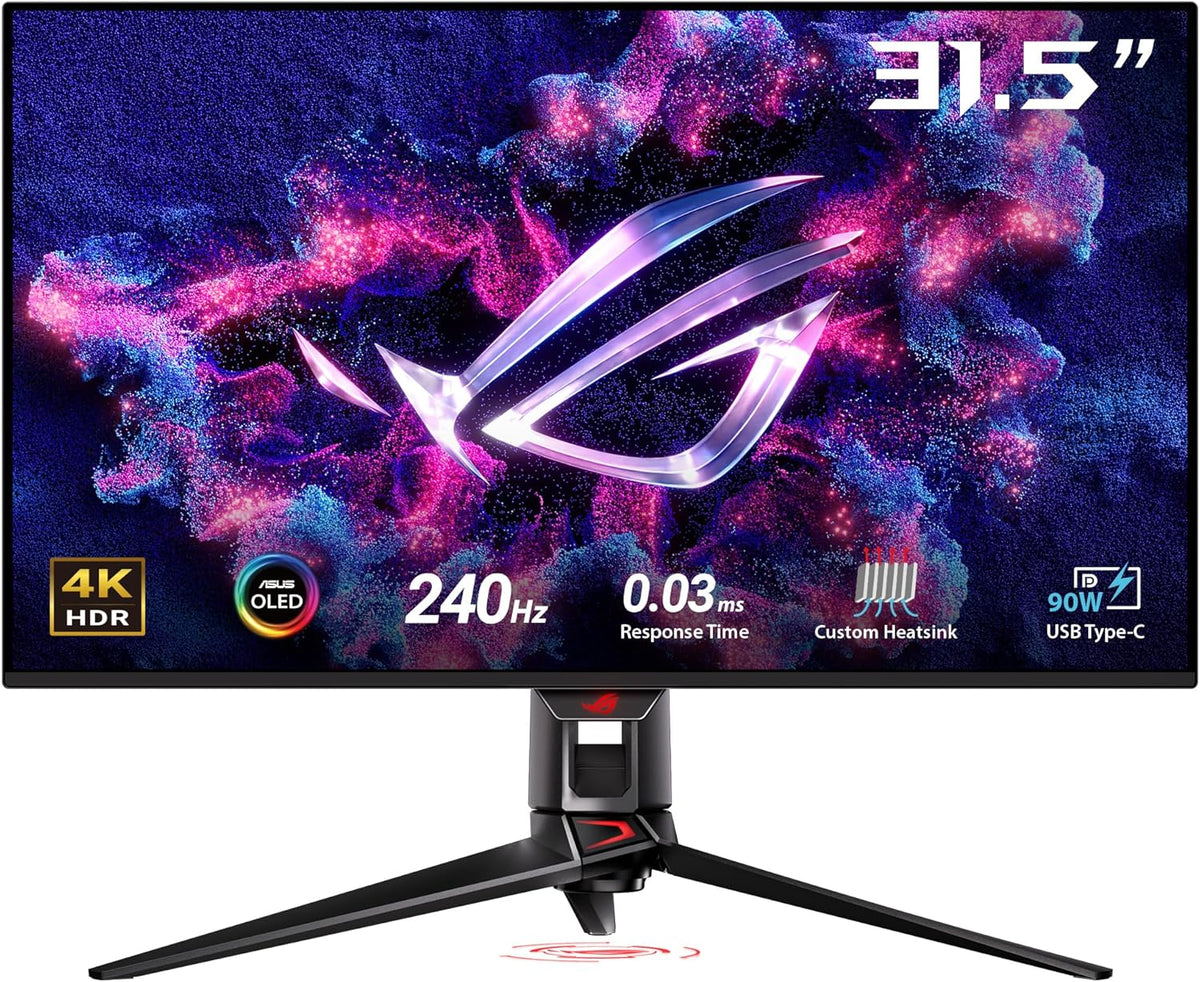 ASUS ROG Swift OLED PG32UCDMZ – 32-calowy monitor gamingowy 4K UHD, 240 Hz, 0,03 ms GtG, G-Sync, FreeSync, AdaptiveSync, 10-bit, DisplayHDR 400 TB, QD – 16:9, 3840 x 2160, DP 1.4 DSC, HDMI 2.1, 90