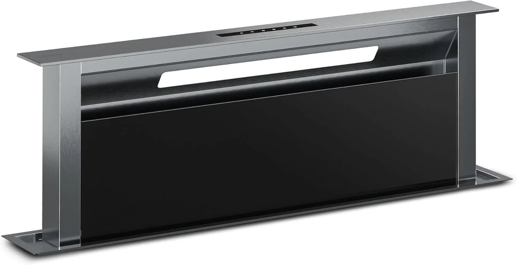 Klarstein Verosteel Downdraft okap kuchenny 90 cm – klasa energetyczna A++, zwiększenie wydajności 906,2 m³/h, obsługa dotykowa, LED, aluminium i szkło, filtr do zmywarki, cichy okap kuchenny