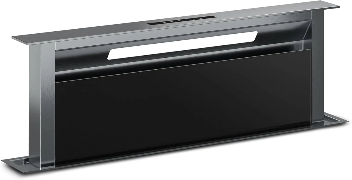 Klarstein Verosteel Downdraft okap kuchenny 90 cm – klasa energetyczna A++, zwiększenie wydajności 906,2 m³/h, obsługa dotykowa, LED, aluminium i szkło, filtr do zmywarki, cichy okap kuchenny