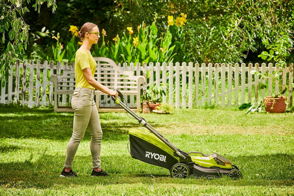 Ryobi Kosiarka 18 V, ‎RY18LMX40A-150, Silnik Bezszczotkowy, Szerokość Koszenia 40 cm, Regulacja Wysokości Koszenia, min. 25 mm, maks. 70 mm, Funkcja Mulczowania, Teleskopowa Rękojeść