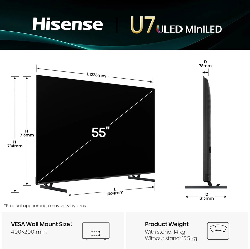 Hisense 55U7Q sw LED-TV Mini LED UHD Multituner BT Smart Dolby Vision HDR10+ (20015889)