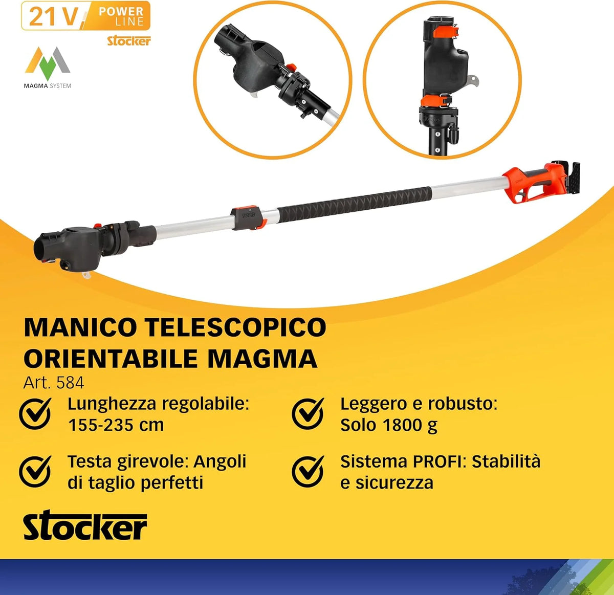 STOCKER - Zestaw do przycinania piły łańcuchowej z teleskopową rączką Magma E-150 LA 21V - akumulator 2,6 Ah i olej smarujący w zestawie - cięcie do 3,5 m - lekka i wydajna
